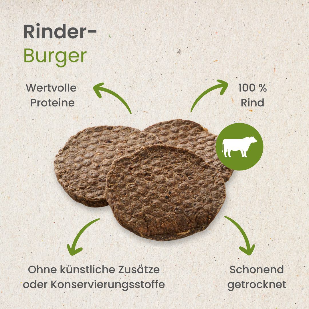 Ein Hund hält einen runden Rinder-Snack im Maul, weitere Snacks liegen auf einem Baumstumpf.