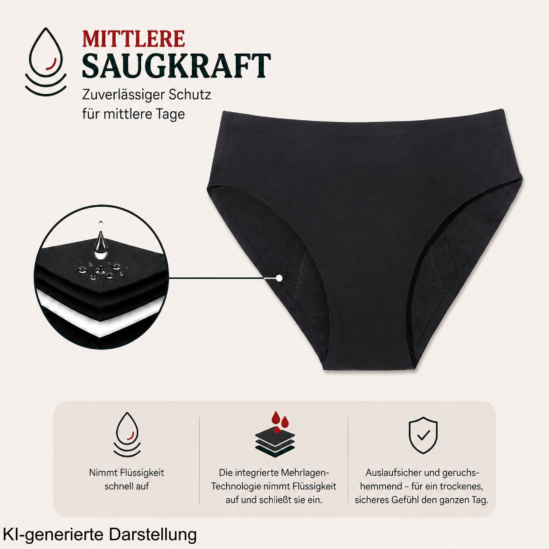 Schwarze Periodenunterhose mit mittlerer Saugkraft, mehrlagige Technologie.
