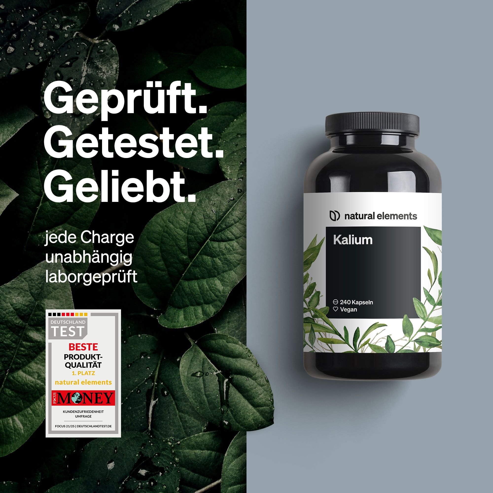 Schwarze Flasche mit weißem Etikett. Text: Kalium, 240 Kapseln, Vegan. Siegel: Geprüft. Getestet. Geliebt.