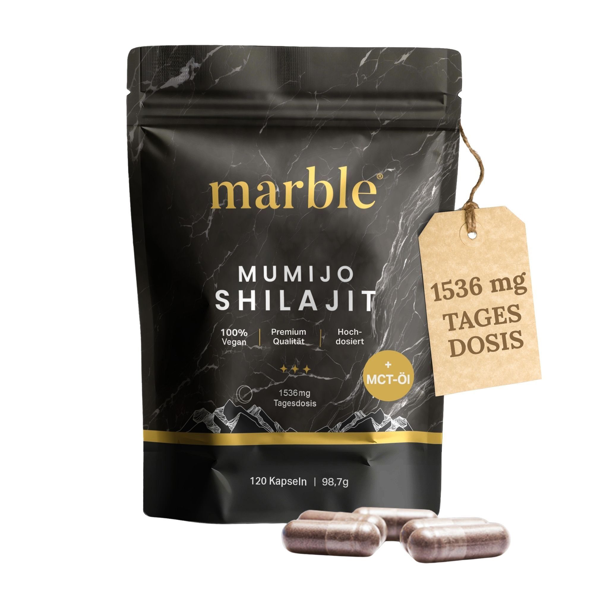 Verpackung mit Produktnamen und Logo. Text: 1536 mg Tagesdosis. Braune Kapseln liegen daneben. Text: 120 Kapseln, 98.7g.