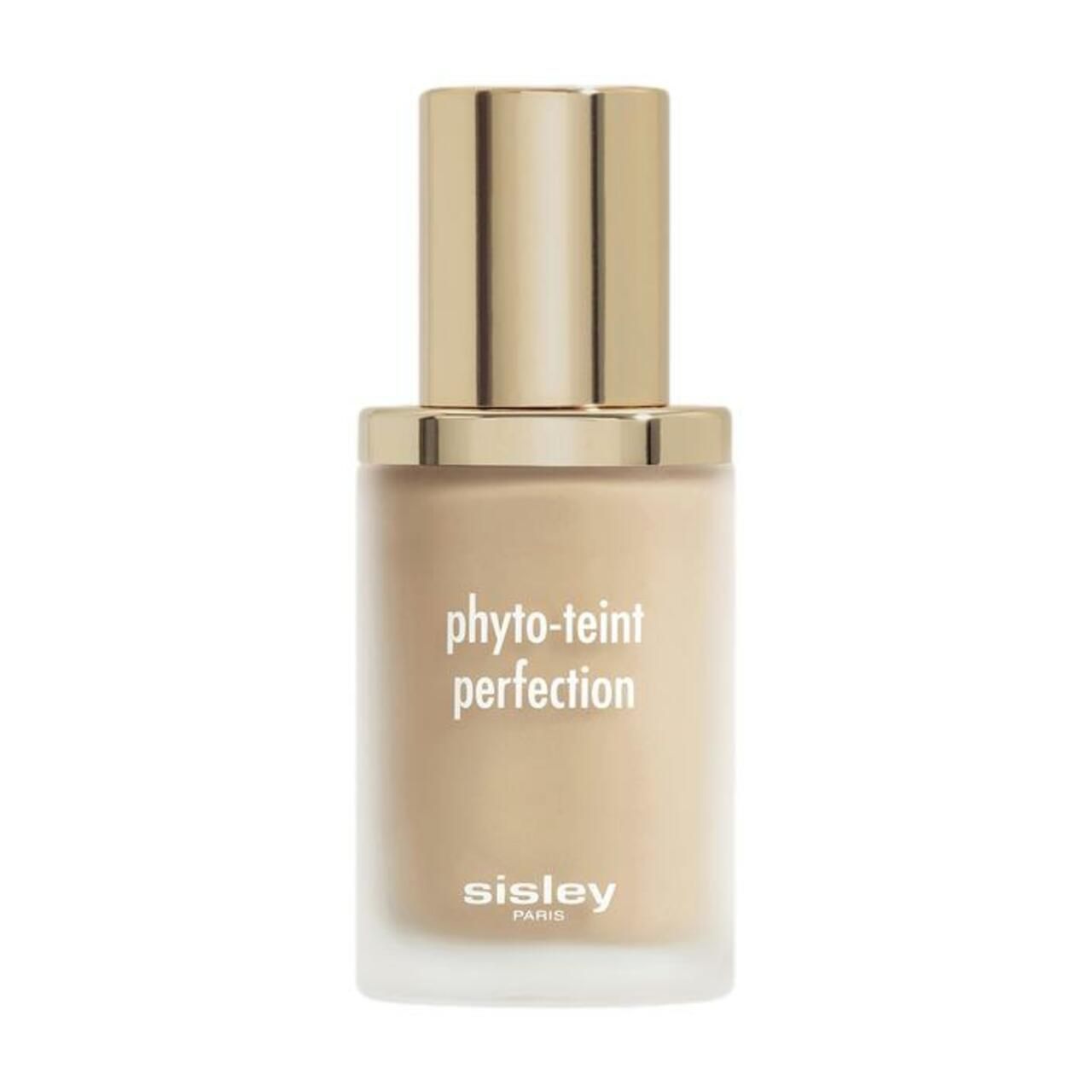 Foundation-Flasche. Text: phyto-teint perfection, sisley PARIS. Beige Farbton. Goldfarbener Deckel. Glasflasche.