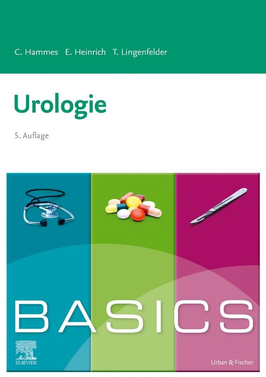Buchcover "Urologie". Titel in Grün. Unterteilt in Blau, Grün und Pink. Stethoskop, Pillen und Skalpell abgebildet. "BASICS" und Verlagslogo.