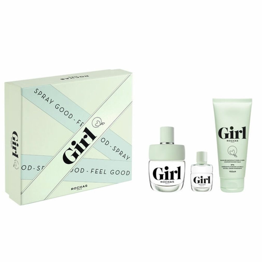 Rochas Girl Set: Eau de Toilette Flakon, kleiner Flakon und Peeling-Gel Tube.