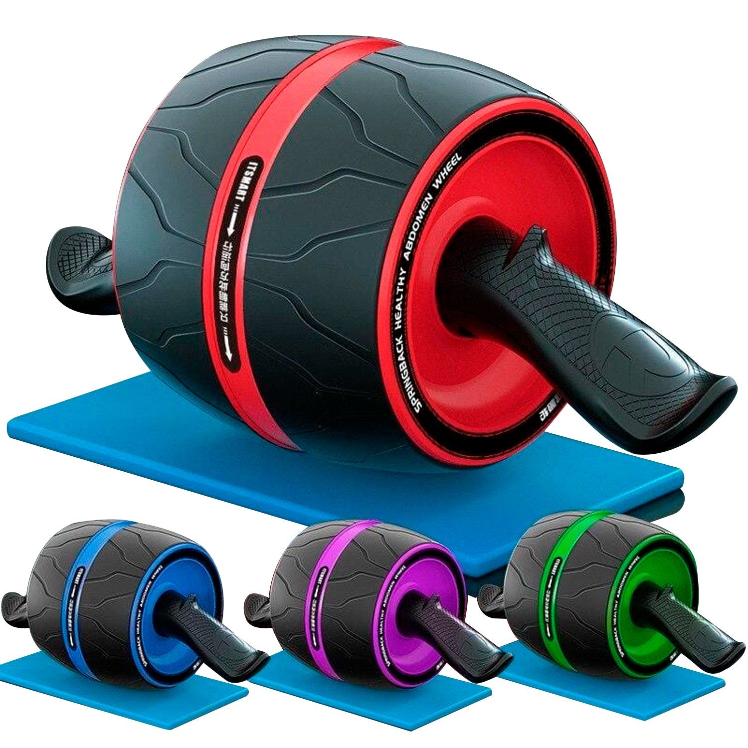 Bauchtrainer Rolle, schwarz-rot, mit Griffen, auf blauer Matte. Zusätzliche Rollen in Blau, Lila und Grün.