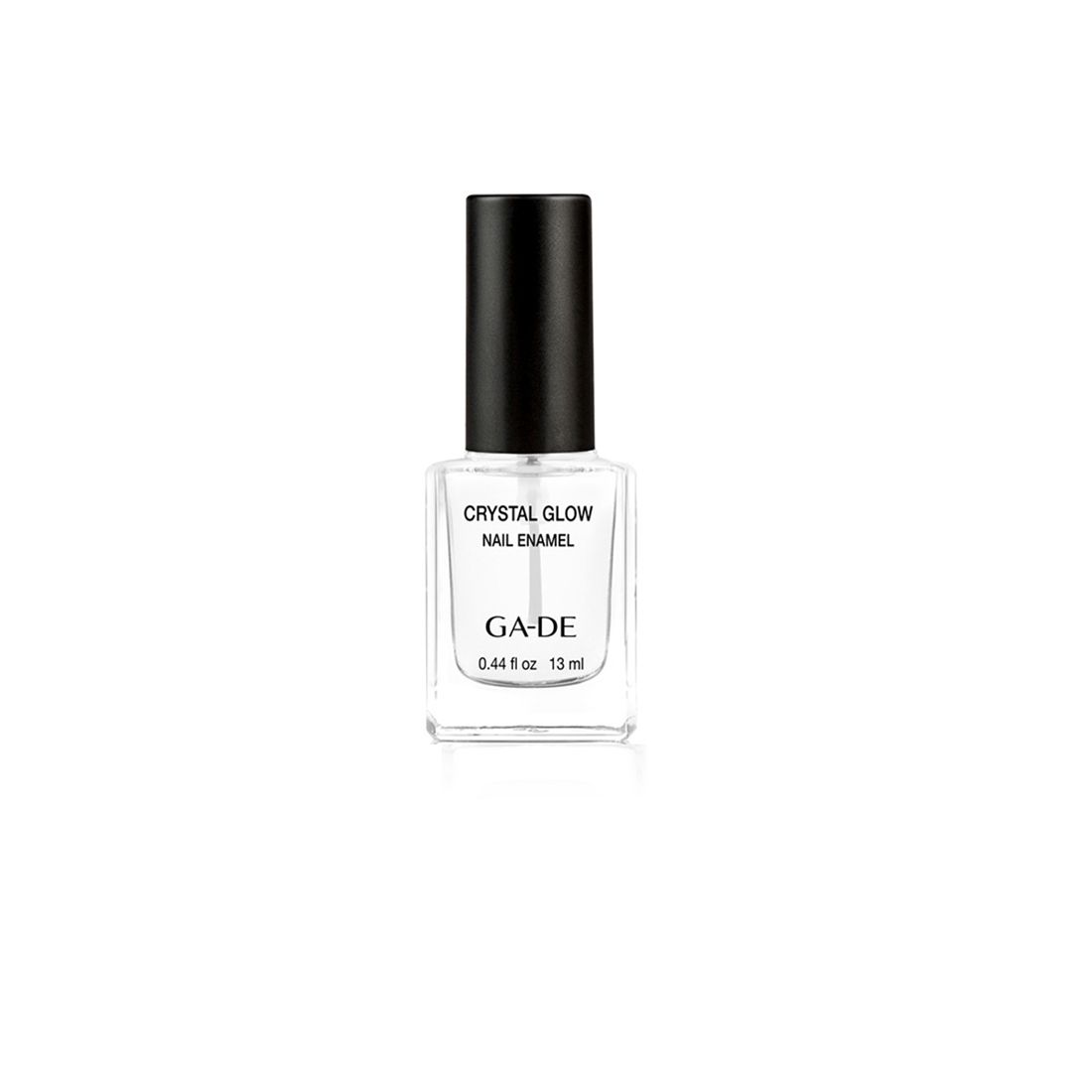 Ga-De Crystal Glow Nagellack. Klare, quadratische Flasche mit schwarzem Deckel. Aufschrift: Crystal Glow Nail Enamel, Ga-De, 13 ml.