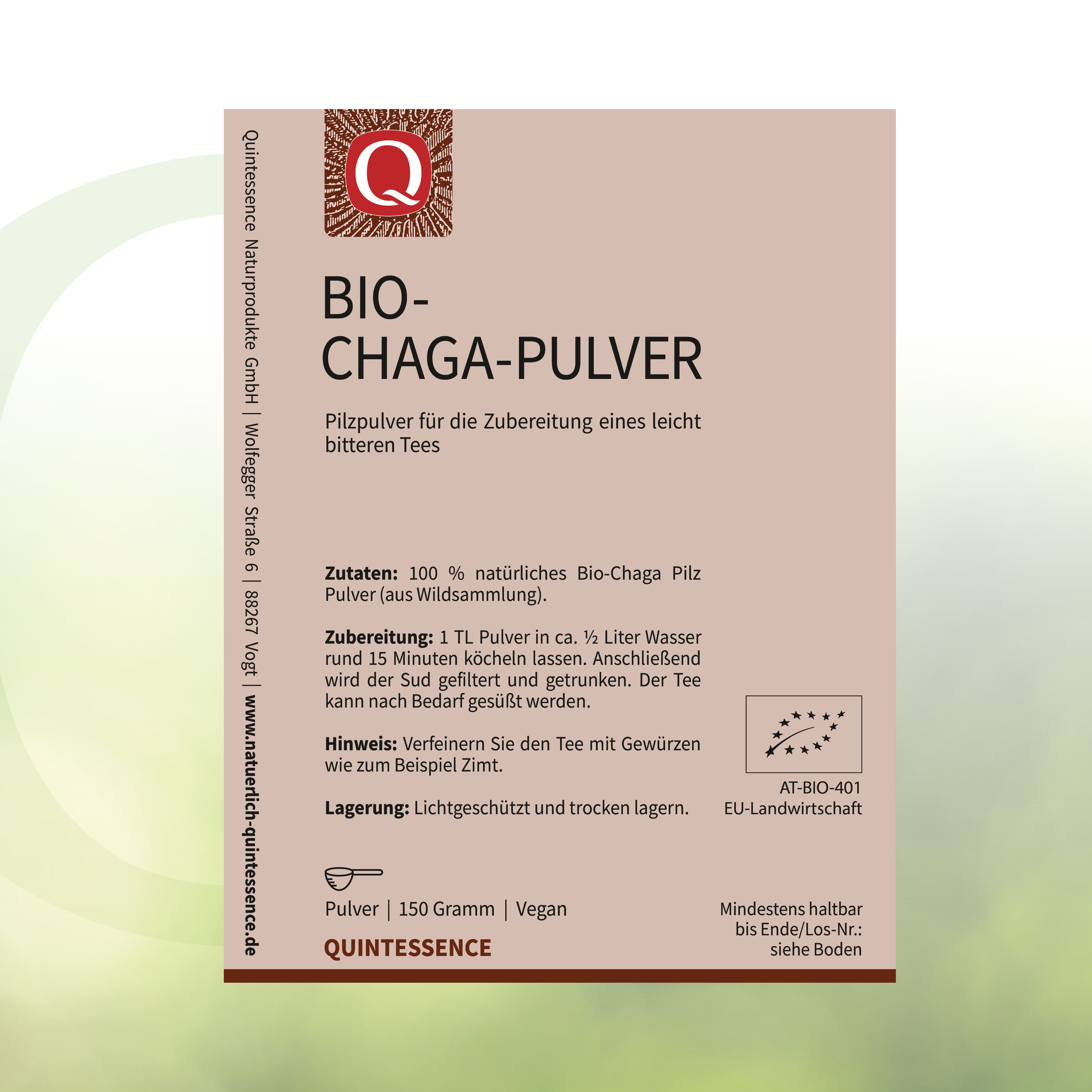 Verpackung mit Text: Bio-Chaga-Pulver. Logo. Zutaten, Zubereitung, Lagerung. EU-Landwirtschaft.