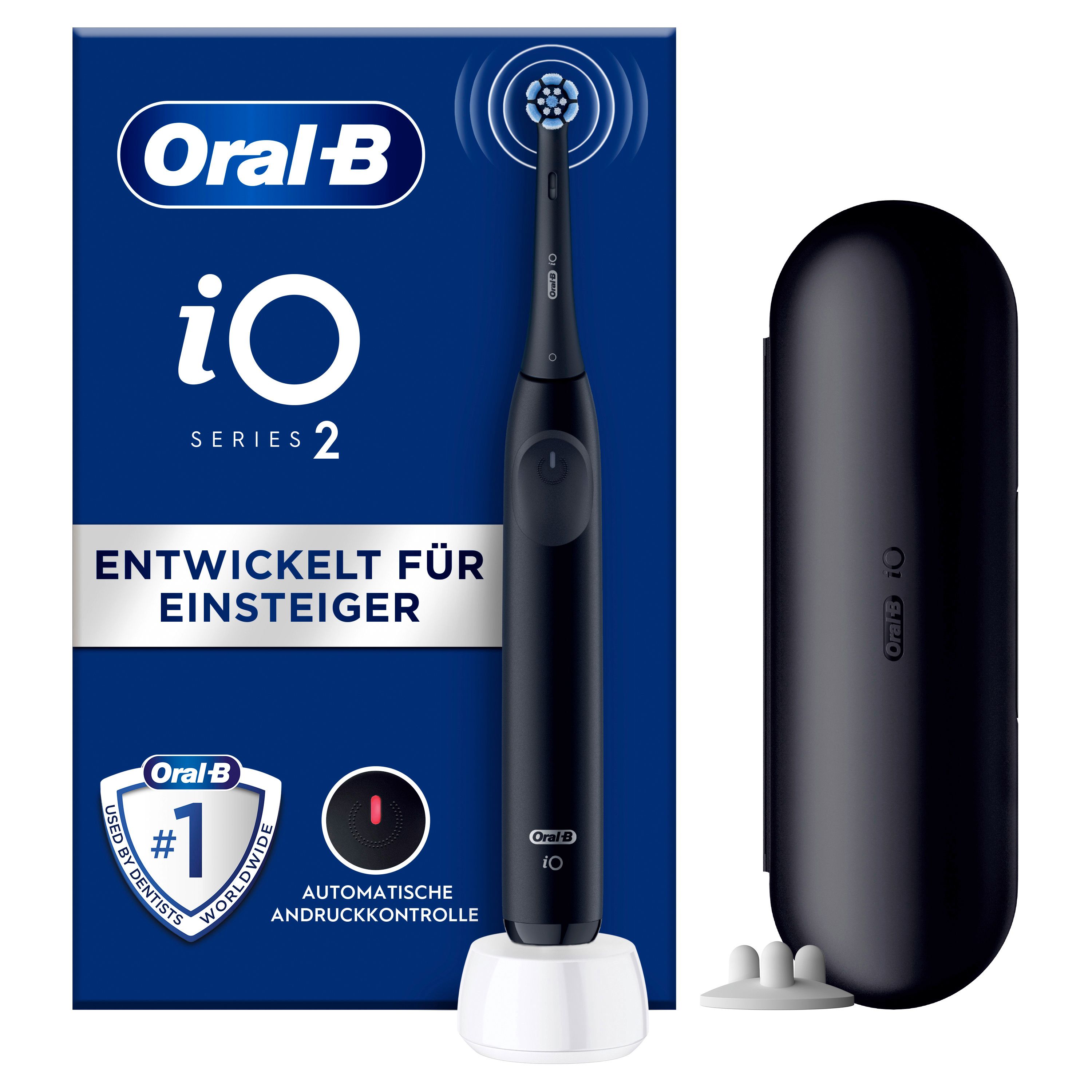 Schwarze elektrische Zahnbürste Oral-B iO Series 2 mit Reiseetui und Ladestation. Verpackung mit Logo und Produktbezeichnung.