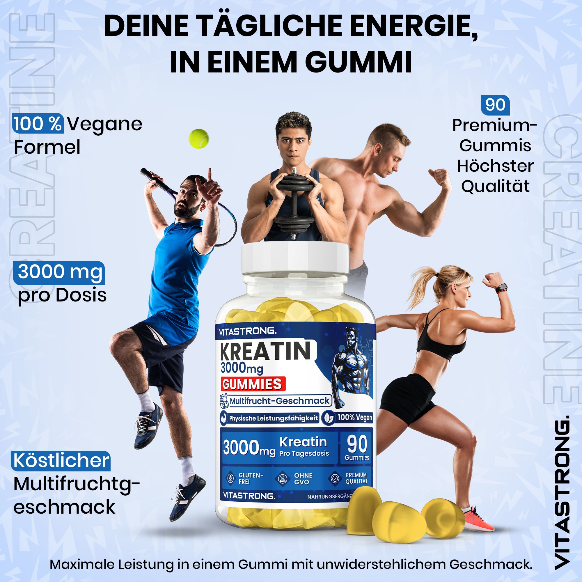 Werbebild mit Kreatin-Gummis. Athleten und Produktflasche. Text: 3000mg pro Dosis, 90 Gummis, 100% vegan.