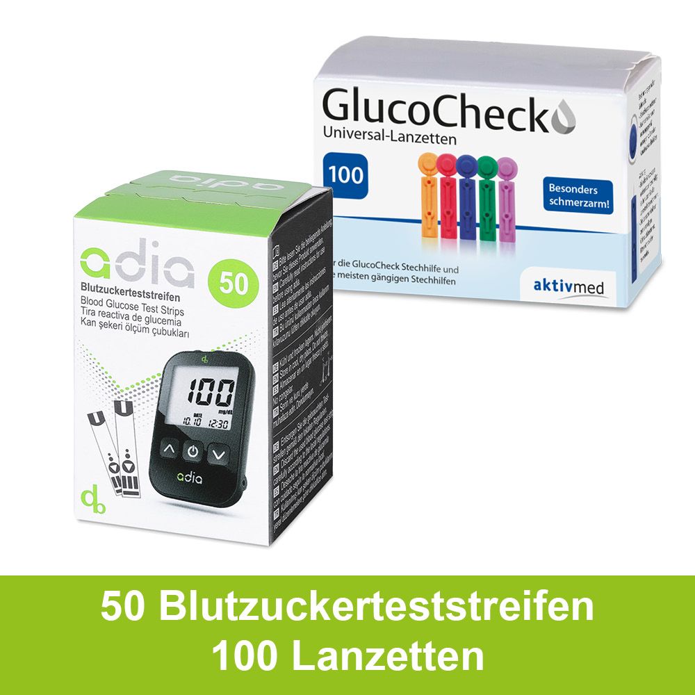 adia Blutzuckerteststreifen, 50 Stück + 100 Universal-Lanzetten