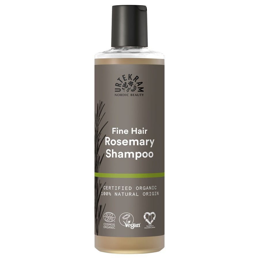 Eine Flasche Shampoo mit schwarzem Deckel. Auf dem Etikett stehen "Fine Hair Rosemary Shampoo" und Logos.