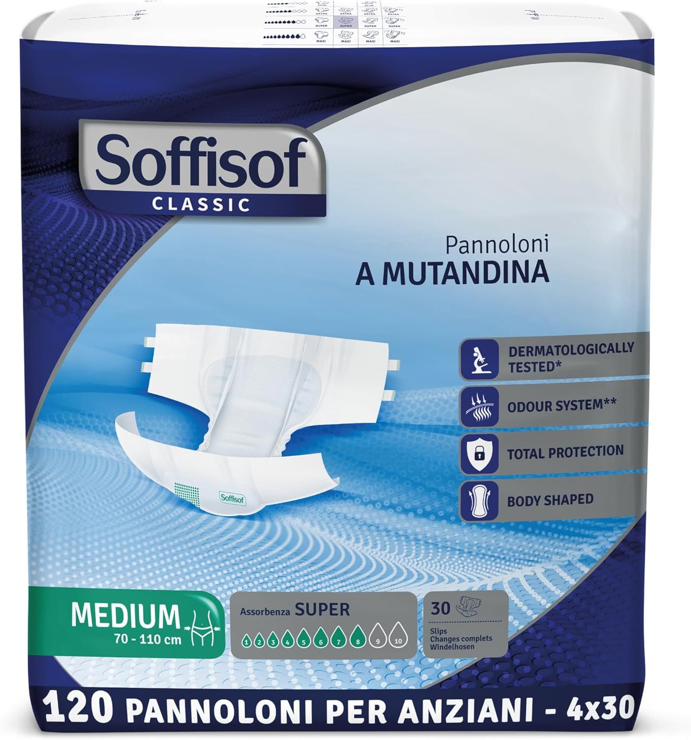Soffisof Classic Windeln für Erwachsene Super. Medium, 70-110 cm. 30 Stück. Dermatologisch getestet.