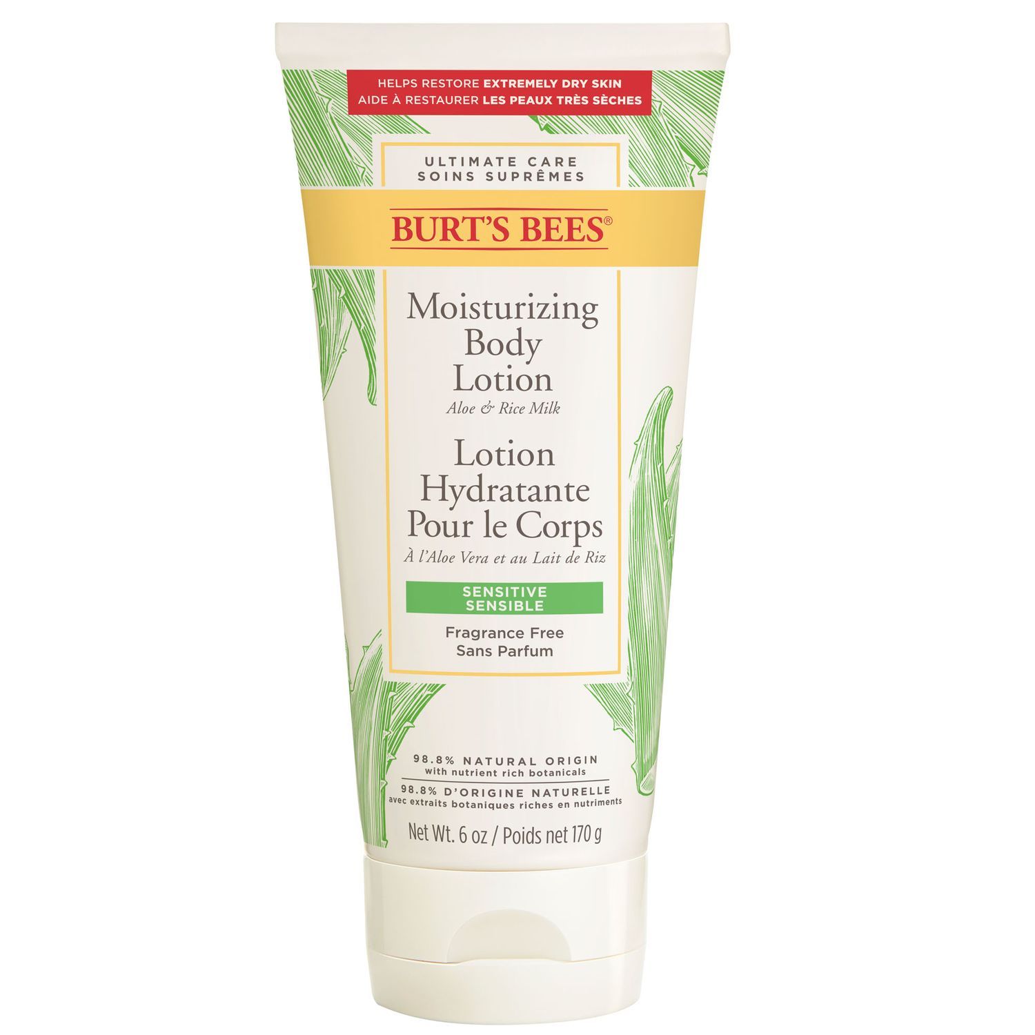 Weisse Tube mit grünen Akzenten. Aufschrift: Burt's Bees Moisturizing Body Lotion. Text in Englisch und Französisch. Für empfindliche Haut.