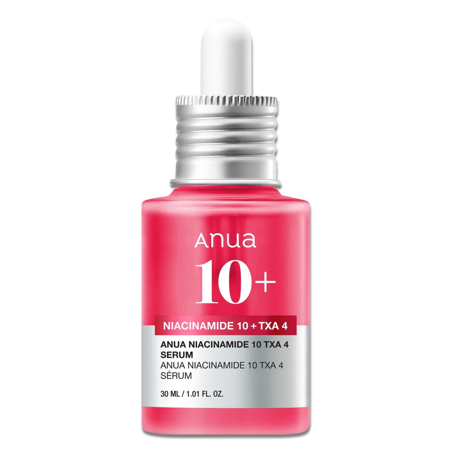 Rote Flasche mit Serum. Aufschrift: Anua 10+. Enthält Niacinamid und TXA 4. Mit Pipette.