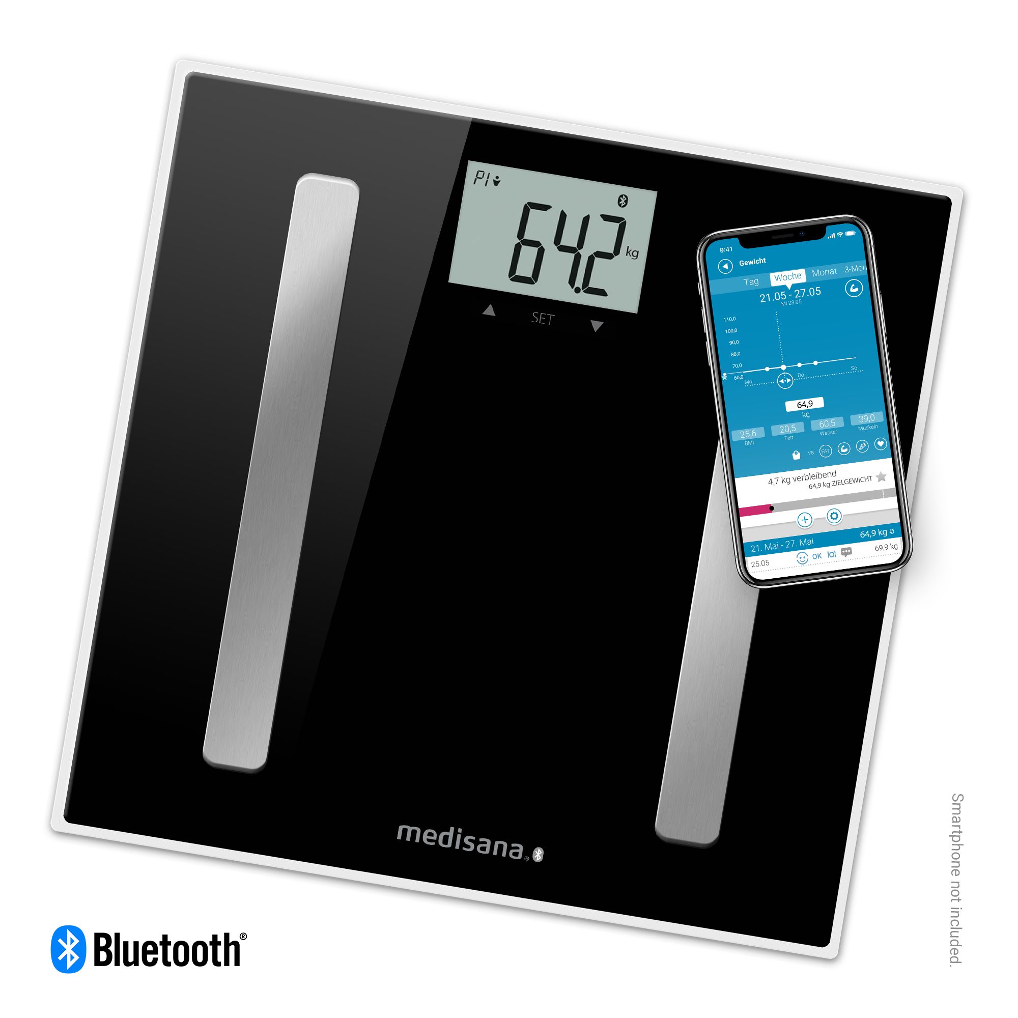 medisana BS A45 Körperanalysewaage | bis 180 KG | Personenwaage mit Bluetooth App | Bmi- und BMR