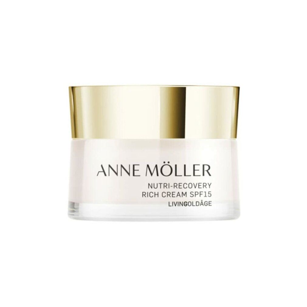 Anne Möller Nutri-Recovery Rich Cream SPF15 in einem Glasbehälter mit goldenem Deckel.