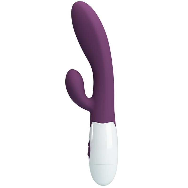 Lila Vibrator mit weißem Kopf. Gebogene Form. Zwei Knöpfe. Seitenansicht.