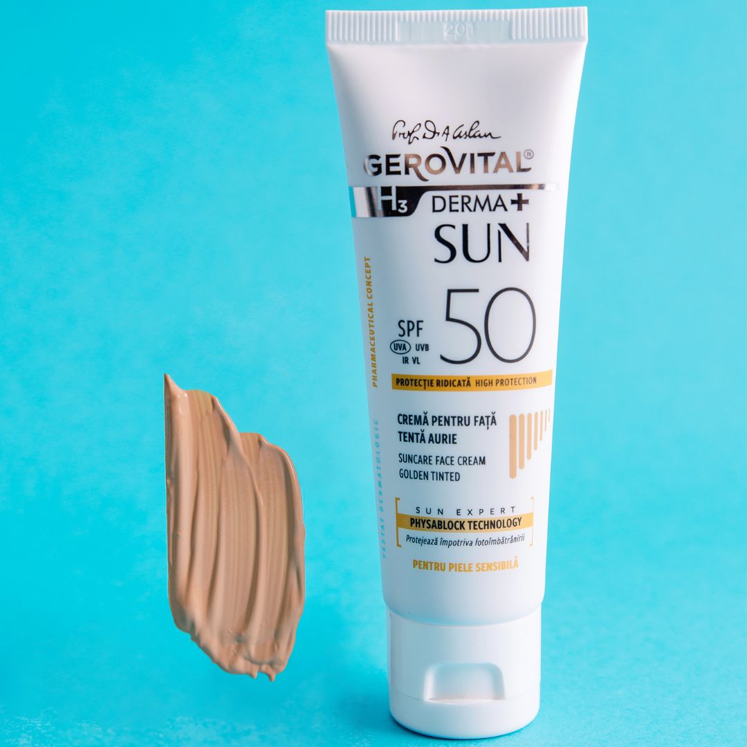 Weiße Tube Sonnencreme und Creme-Abstrich. Aufschrift: Gerovital H3 Derma+ Sun, SPF 50. Creme für Gesicht, getönt.