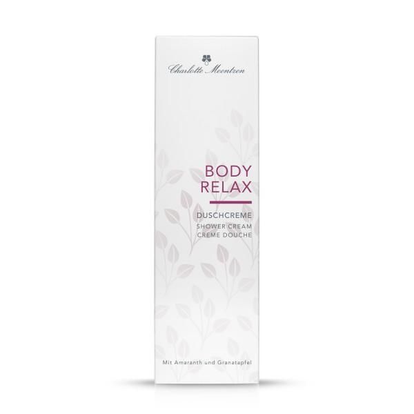 Weiße Verpackung mit Produktnamen BODY RELAX und Duschcreme. Marke Charlotte Meentzen. Mit Amaranth und Granatapfel.