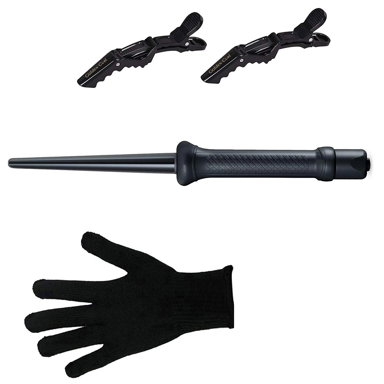 Schwarzer Lockenstab, zwei Haarspangen und ein schwarzer Handschuh. Auf weißem Hintergrund.
