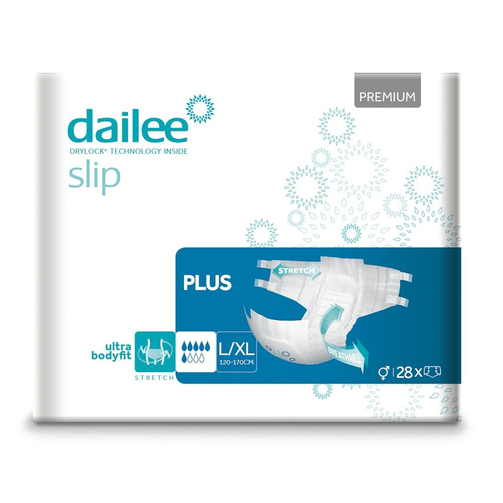 Verpackung Dailee Slip Premium Plus. Weiß, mit Produktabbildung und blauen Akzenten. Enthält Größenangabe L/XL und 28 Stück.