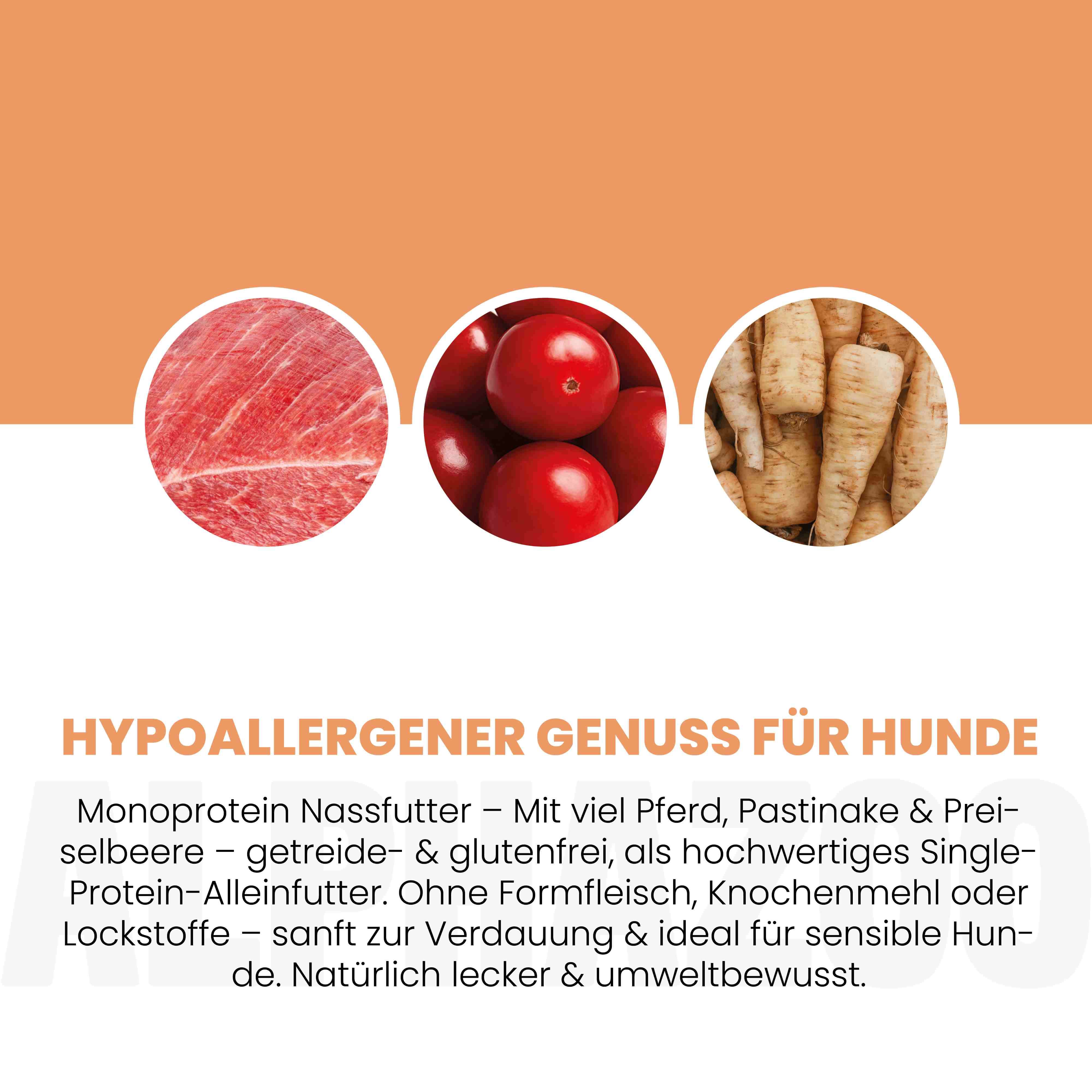 Nahaufnahmen von Fleisch, Preiselbeeren und Pastinaken. Text: Hypoallergener Genuss für Hunde. Monoprotein Nassfutter. Ohne Getreide & Gluten.