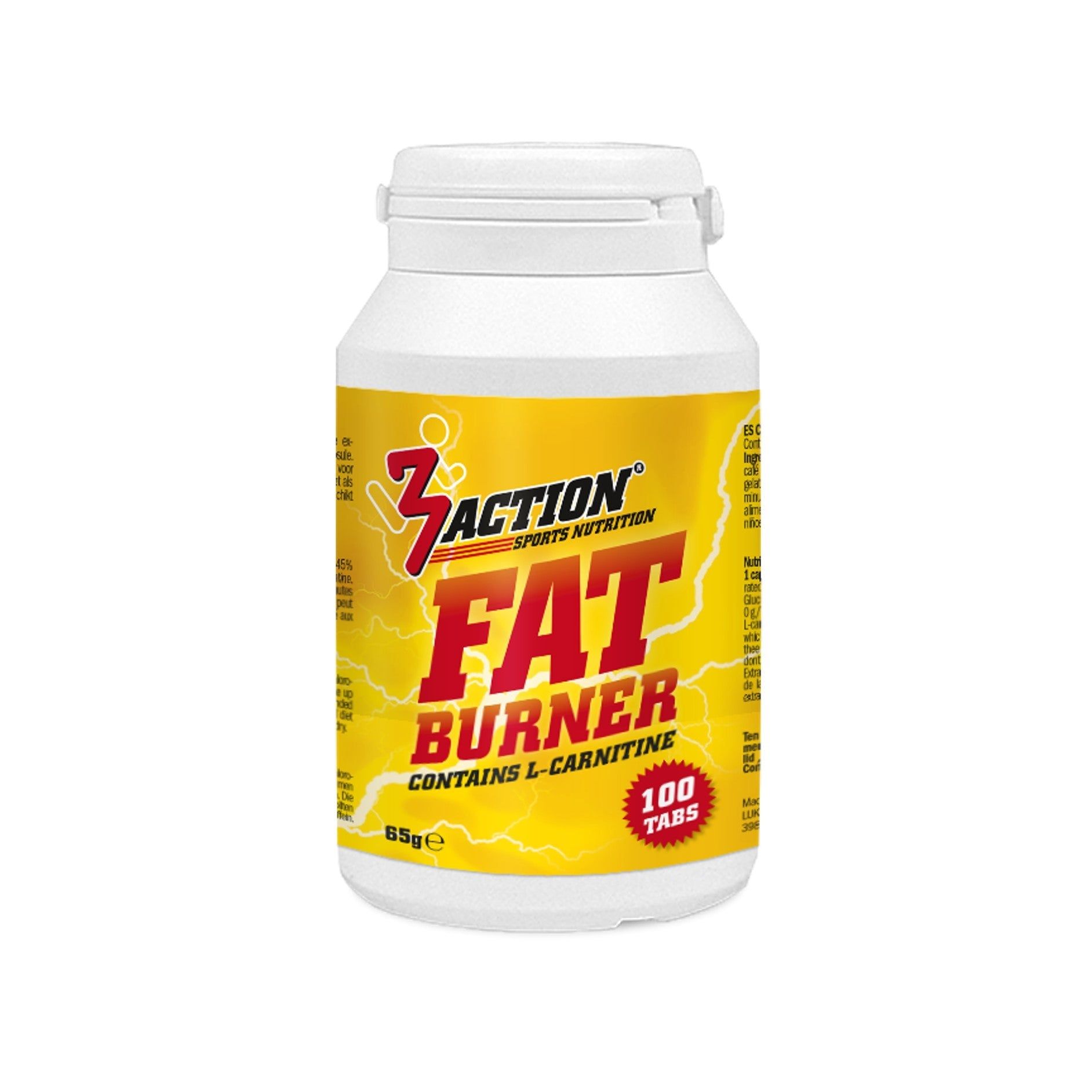 Weiße Dose mit gelbem Etikett. Aufschrift: 3Action Fatburner, enthält L-Carnitin. 100 Tabletten.
