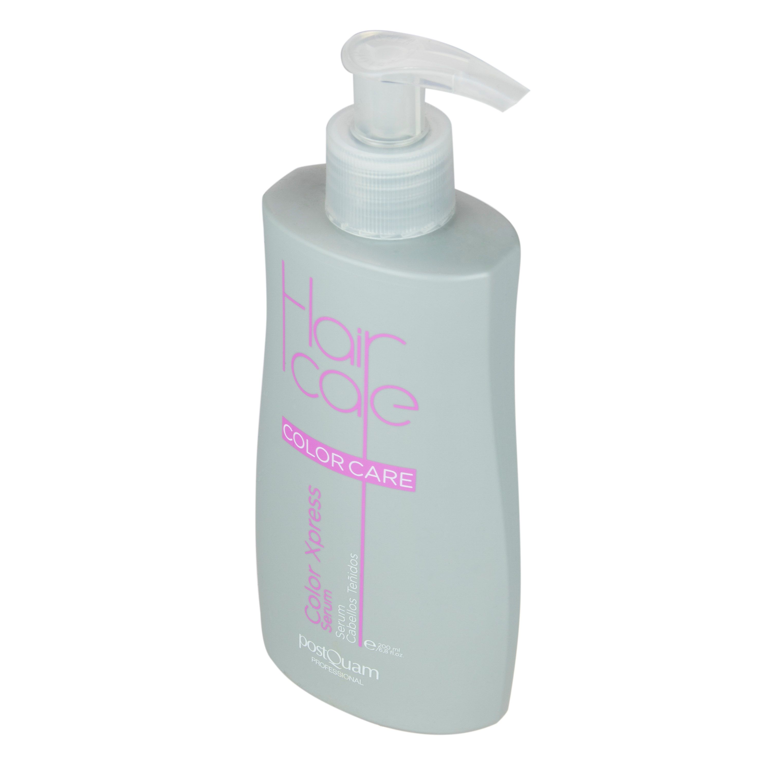 Graue Flasche mit Pumpe, schräg von oben. Aufschrift: Hair Care, Color Care, Color Xpress Serum. Marke: Postquam.