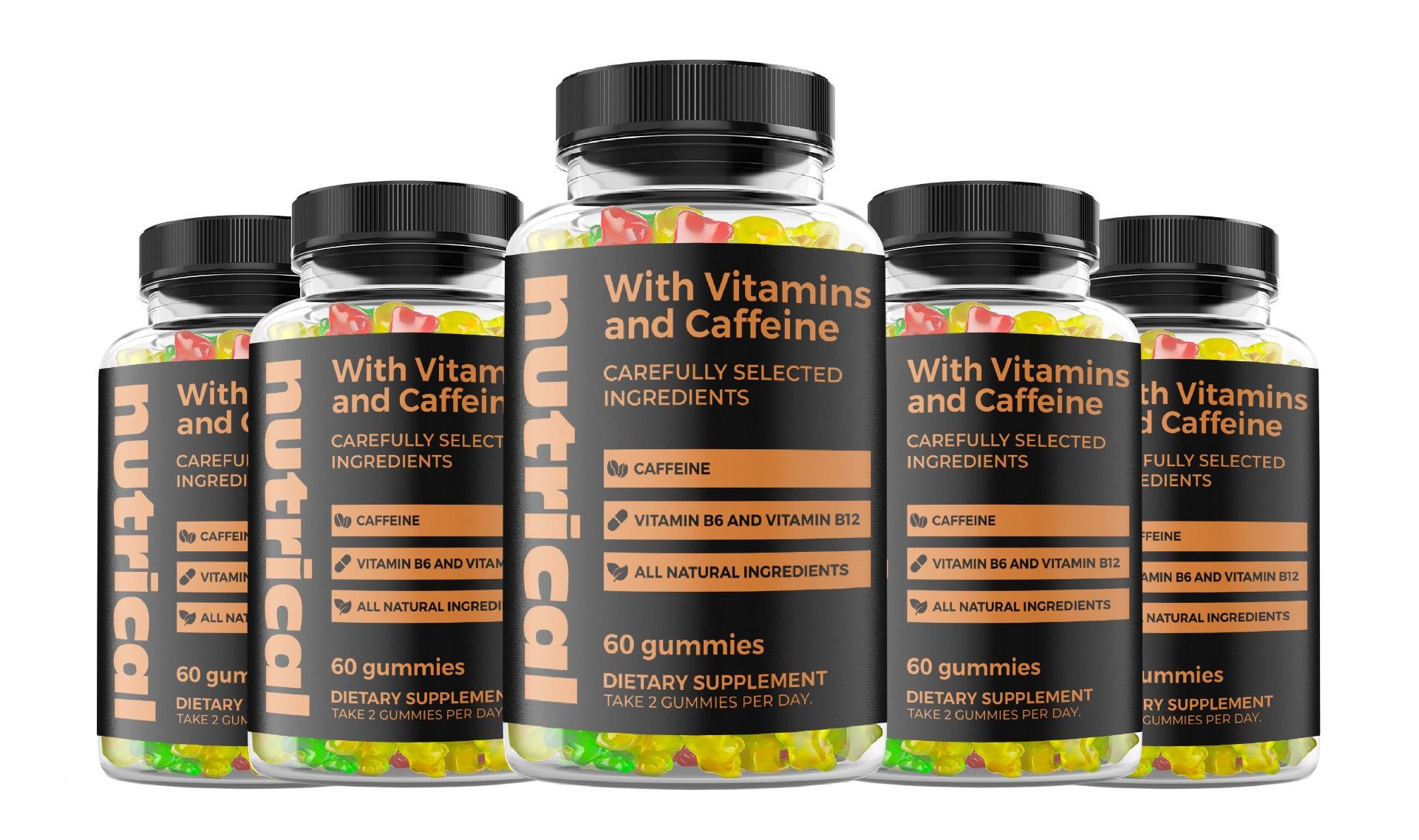 Fünf Flaschen mit schwarzen Deckeln, gefüllt mit Gummibärchen. Etikett mit Text: With Vitamins and Caffeine. Marke: Nutrical.