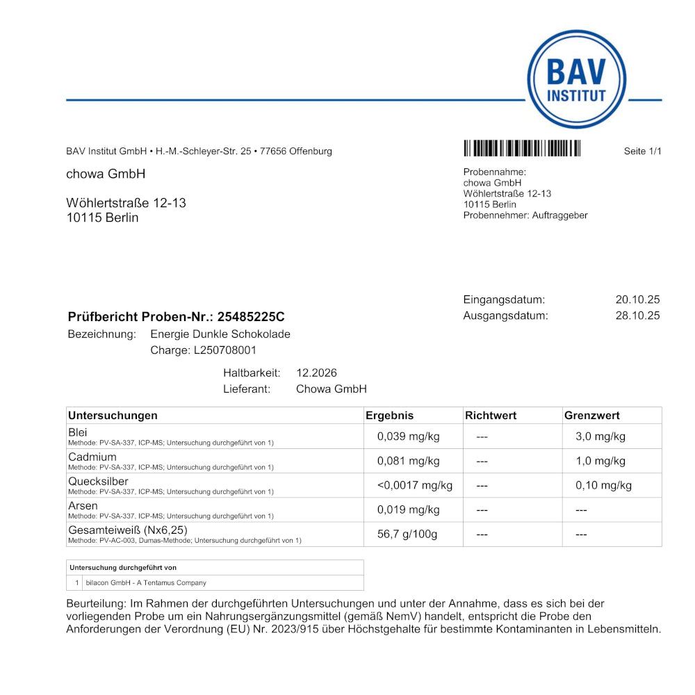 Prüfbericht BAV Institut für XbyX® Energie Dunkle Schokolade. Ergebnisse, Richtwert, Grenzwert. Angaben zu Schadstoffen.