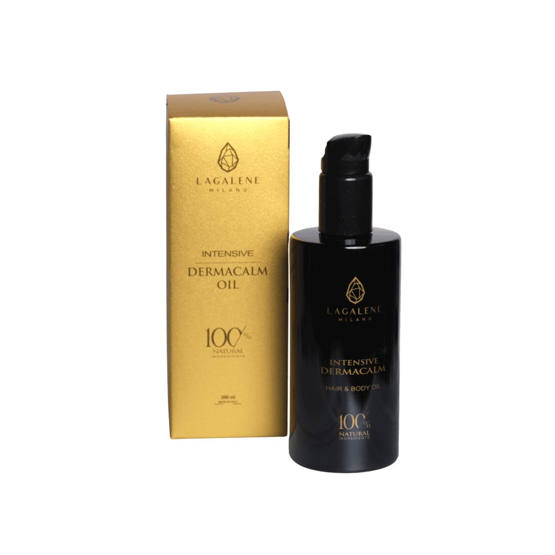 Schwarze Flasche und goldene Verpackung. Aufschrift: Intensive DermaCalm Oil, 100% Natural. Lagalene Milano Logo.
