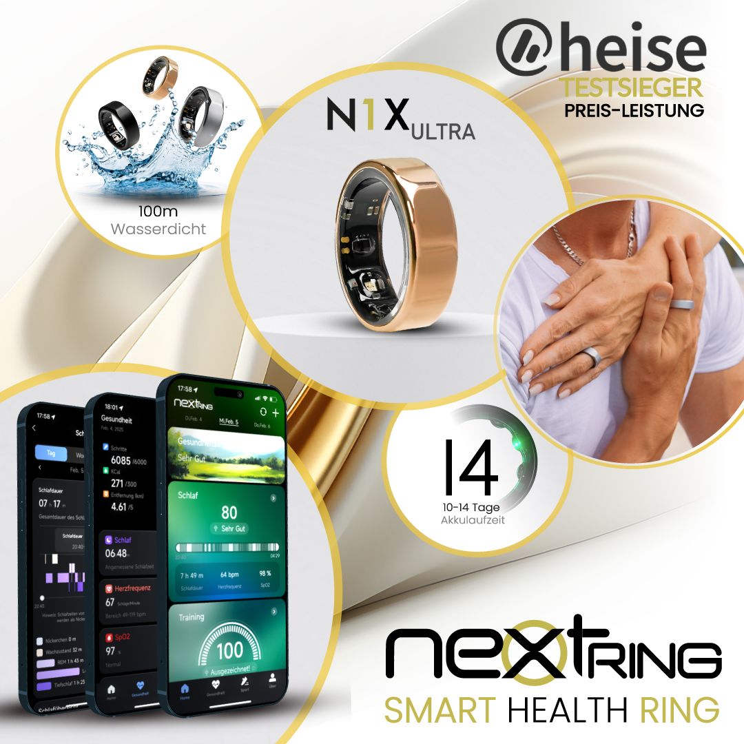 Werbebild mit NEXTRING N1X Ultra. Ringe in Wasser, auf Händen und auf Smartphones. Text: Smart Health Ring.