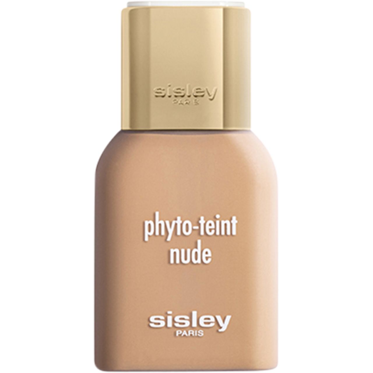 Beige Flasche mit goldfarbenem Deckel. Aufschrift: Phyto-Teint Nude und Sisley Paris.