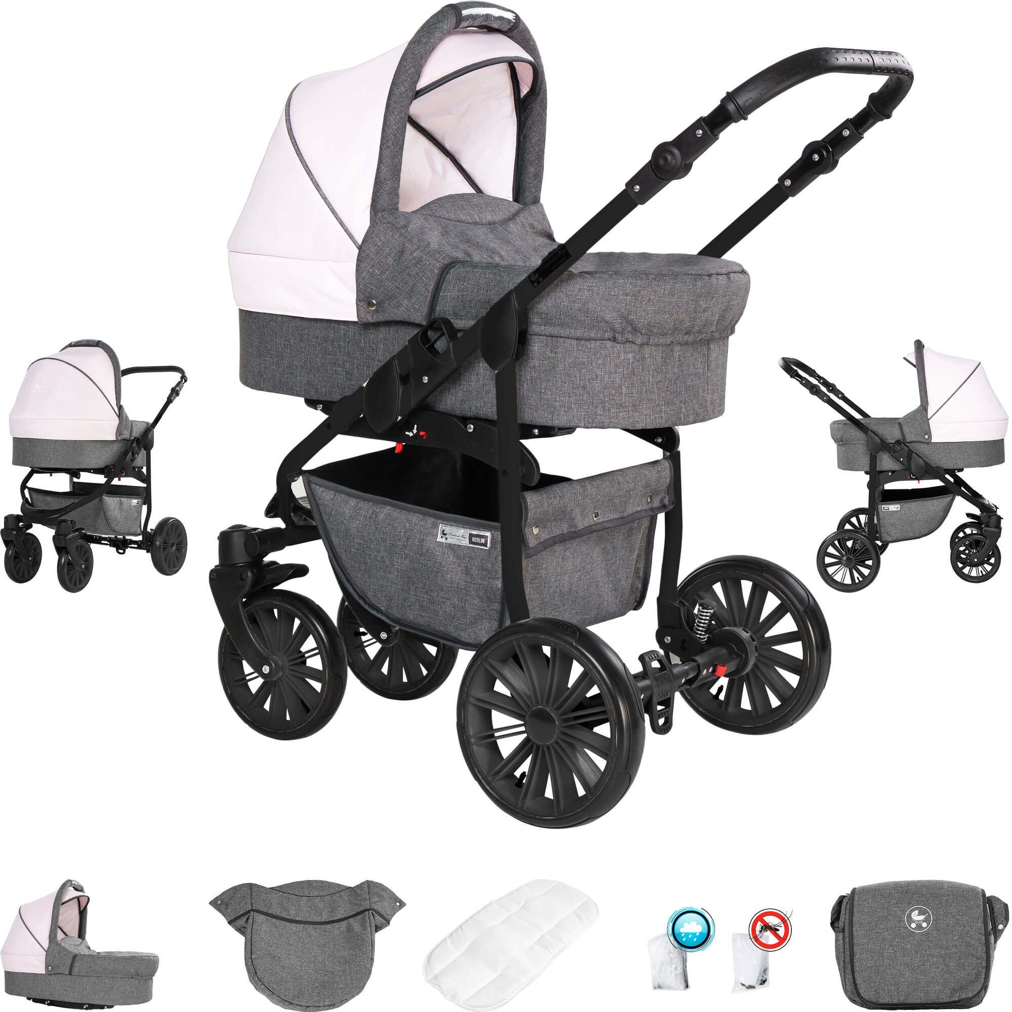 Friedrich Hugo Berlin 3 in 1 Kinderwagen mit Original Maxi Cosi, Luft Grey and Light Rose Night