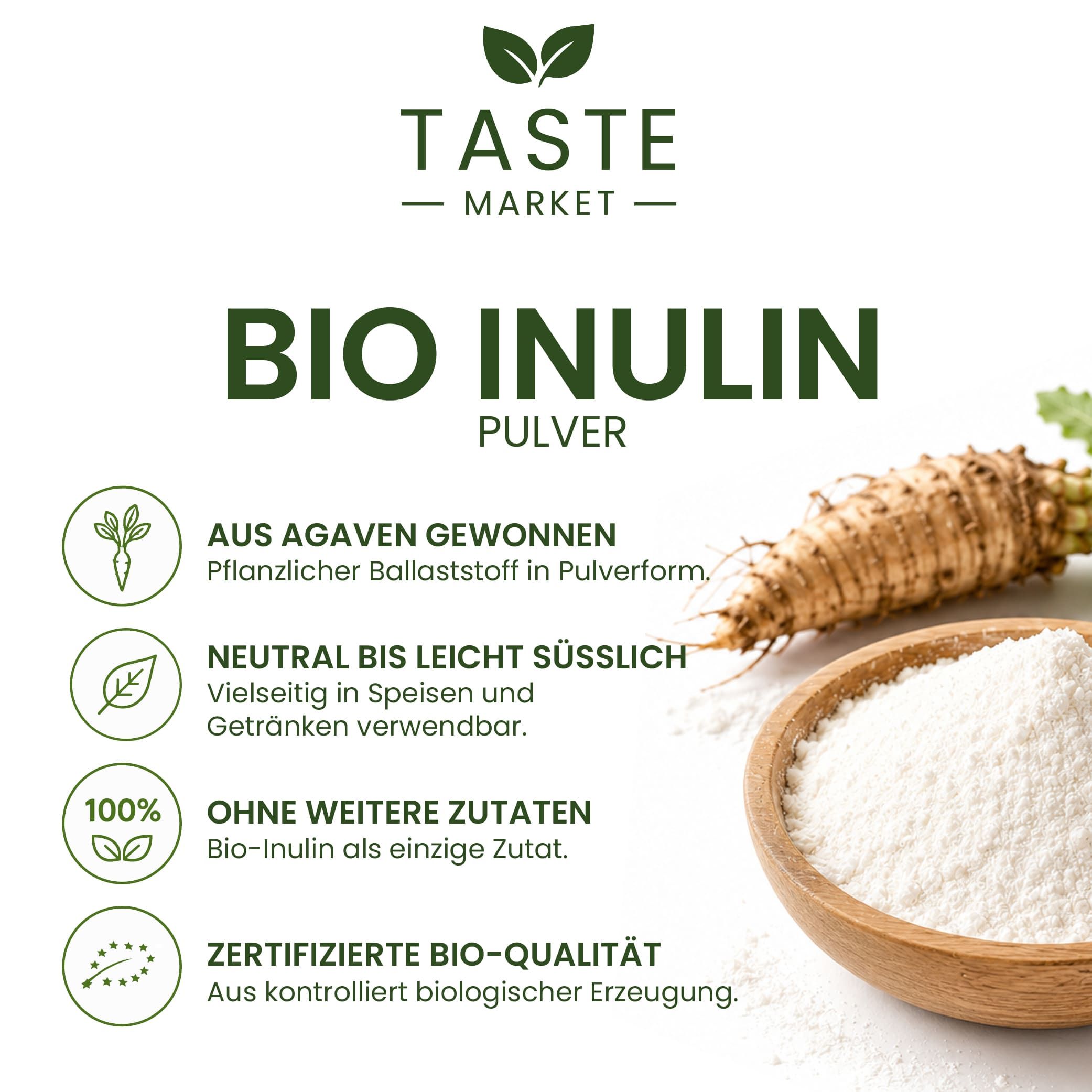 Bio Inulin Pulver aus Agaven, pflanzlicher Ballaststoff in Pulverform. Neutral bis leicht süßlich.