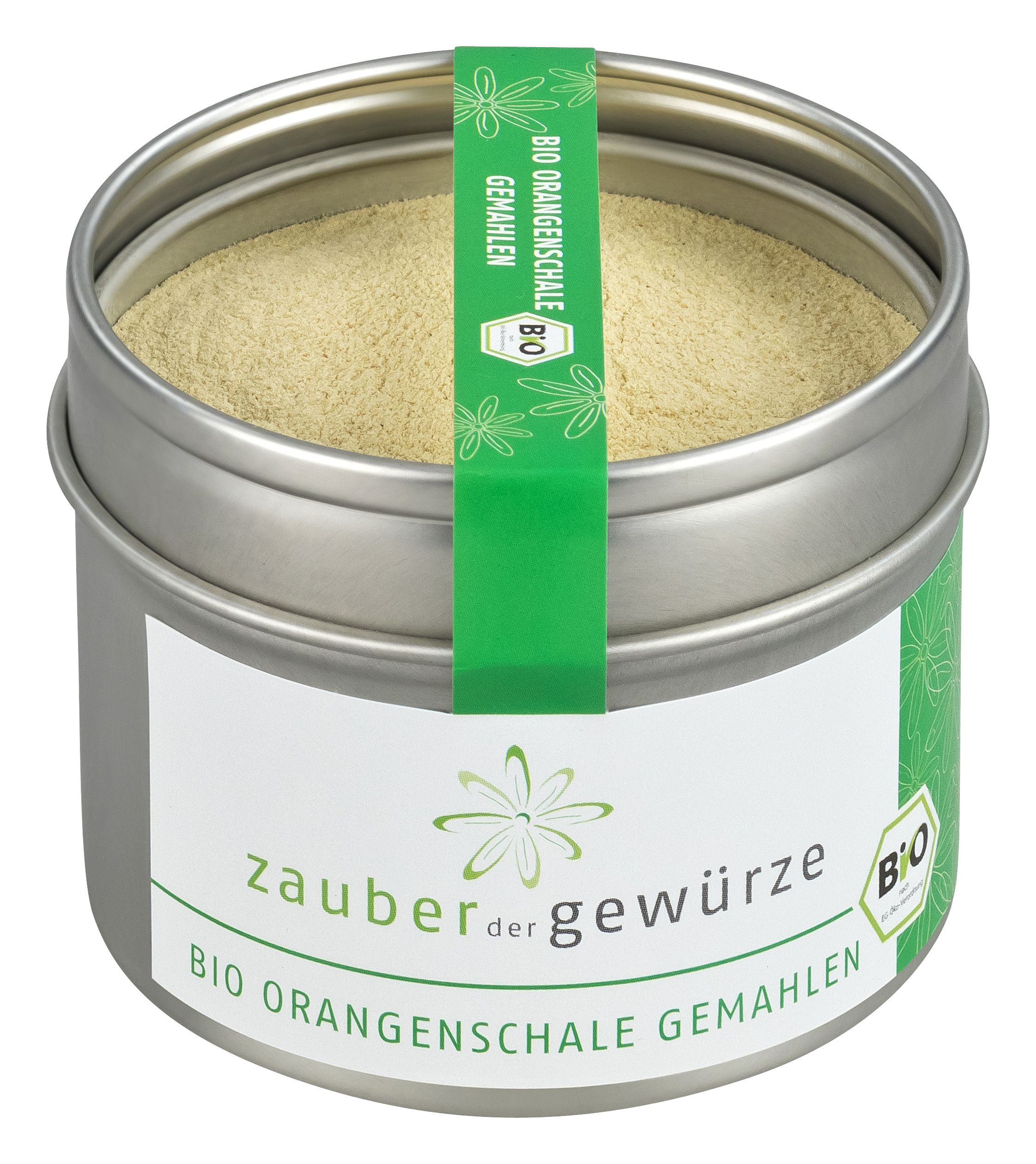 Metallbehälter mit gemahlener Bio-Orangenschale. Grün-weißes Etikett mit Produktbezeichnung und Bio-Siegel.