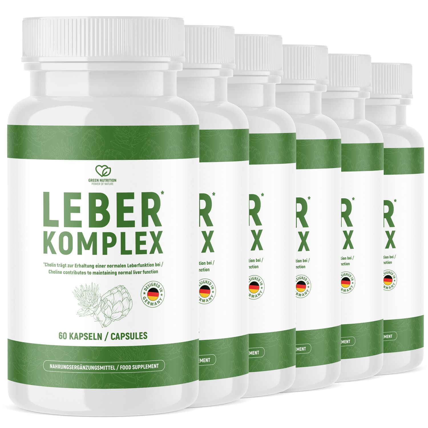 Sechs Flaschen Green Nutrition Leber Komplex Kapseln, 60 Kapseln pro Flasche.