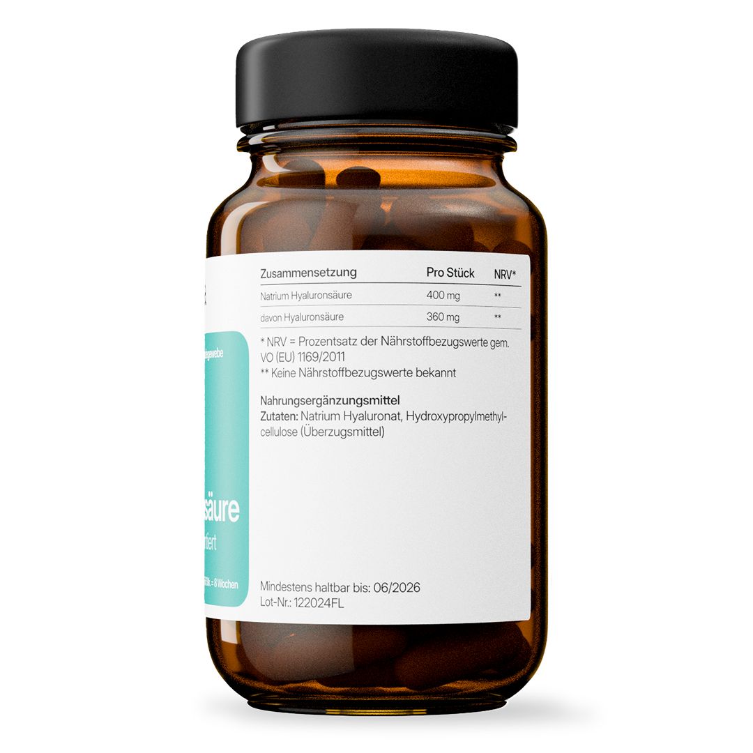 Rückseite der braunen Glasflasche. Etikett mit Nährwertangaben. Text: Zusammensetzung, Natrium Hyaluronat, Mindestens haltbar bis.