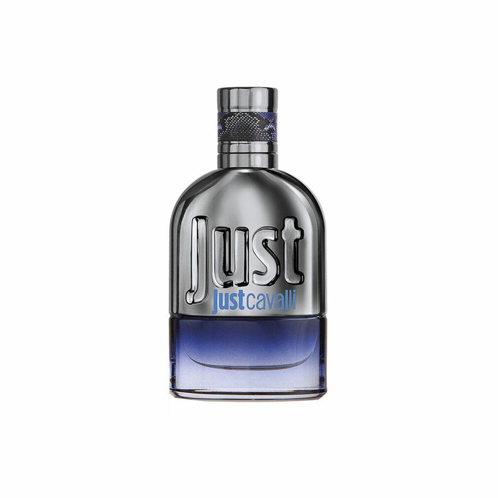 Parfümflakon mit silberfarbenem Deckel und blauer Flüssigkeit. Just Cavalli-Logo.