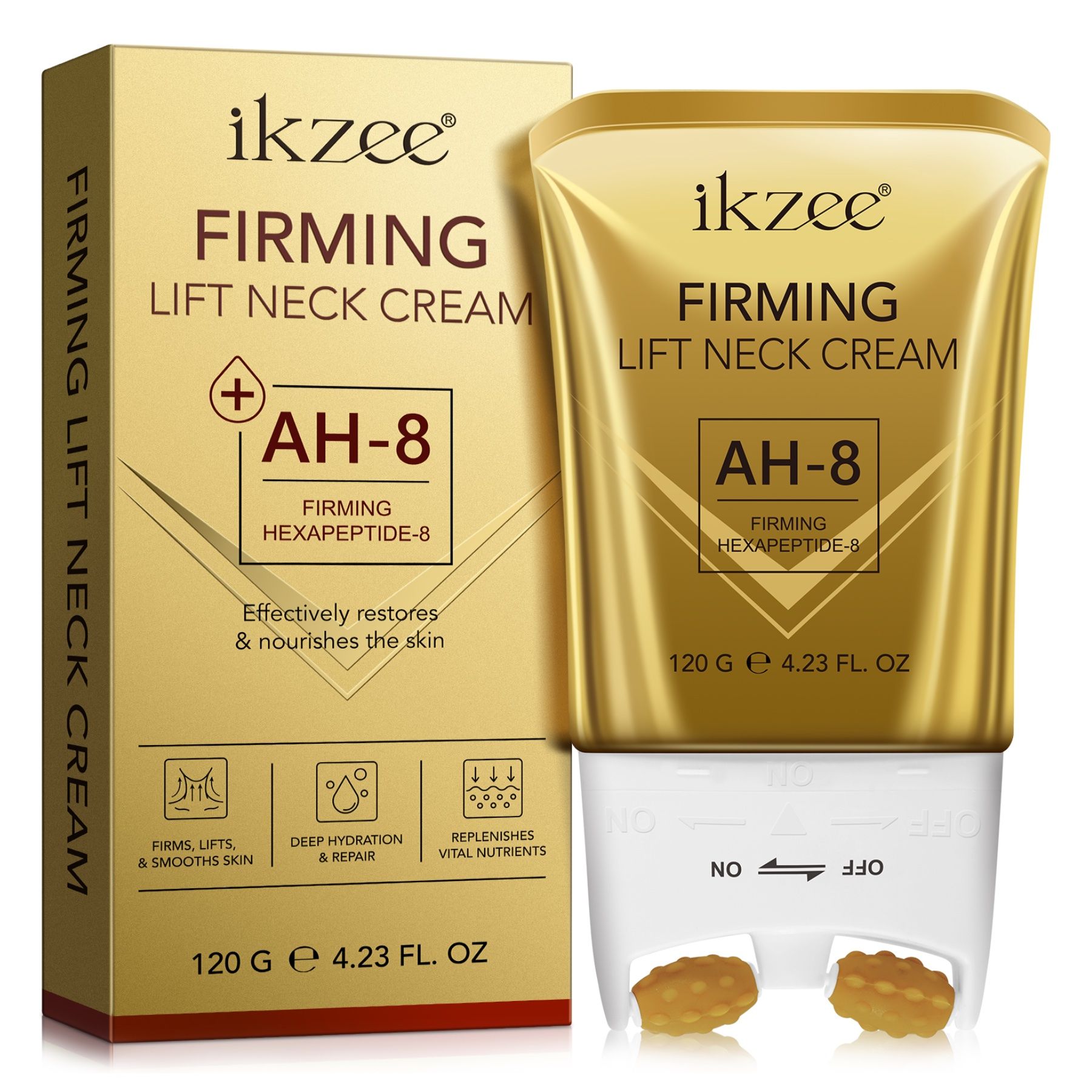 Produktverpackung. Goldfarbene Tube und Karton. Text: Firming Lift Neck Cream AH-8. Hexapeptide-8. 120g. 4.23 fl. oz. Produktmerkmale.