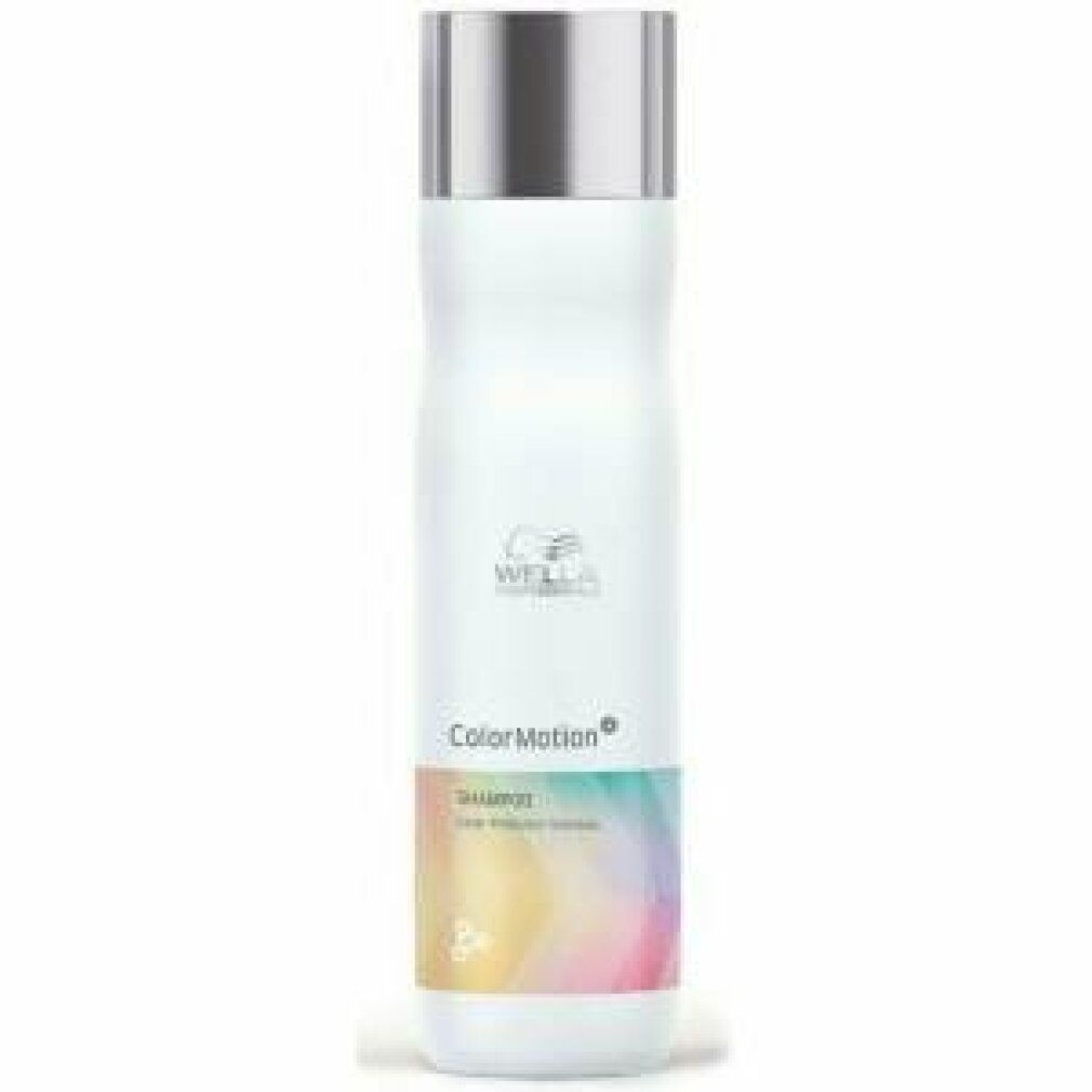 Weiße Shampoo-Flasche mit silbernem Deckel. Aufschrift: Wella ColorMotion Shampoo. Farbiger Aufkleber.