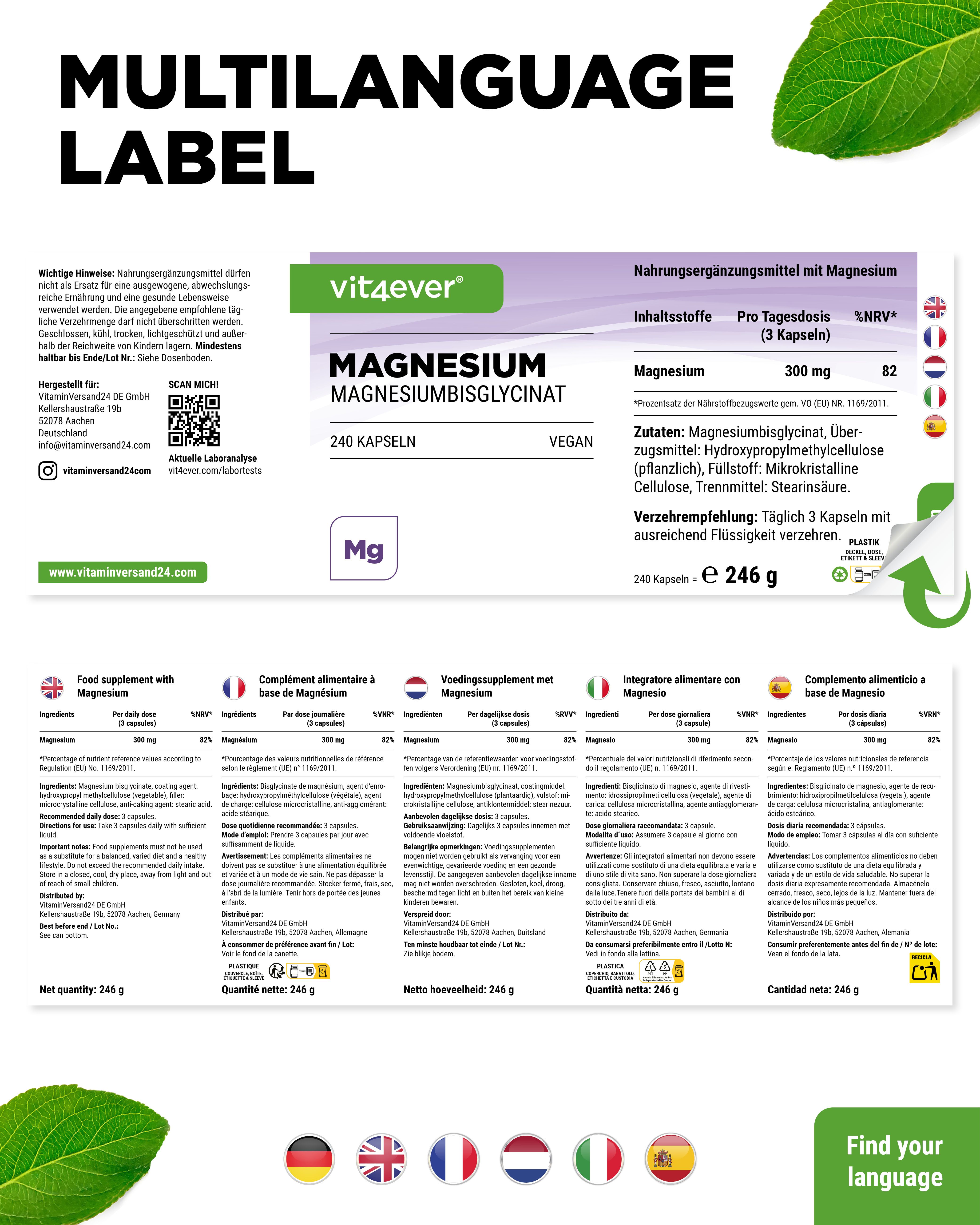 Weißes Pillenbehälter mit grünem Deckel. Text: Mehrsprachiges Etikett. Informationen in verschiedenen Sprachen.