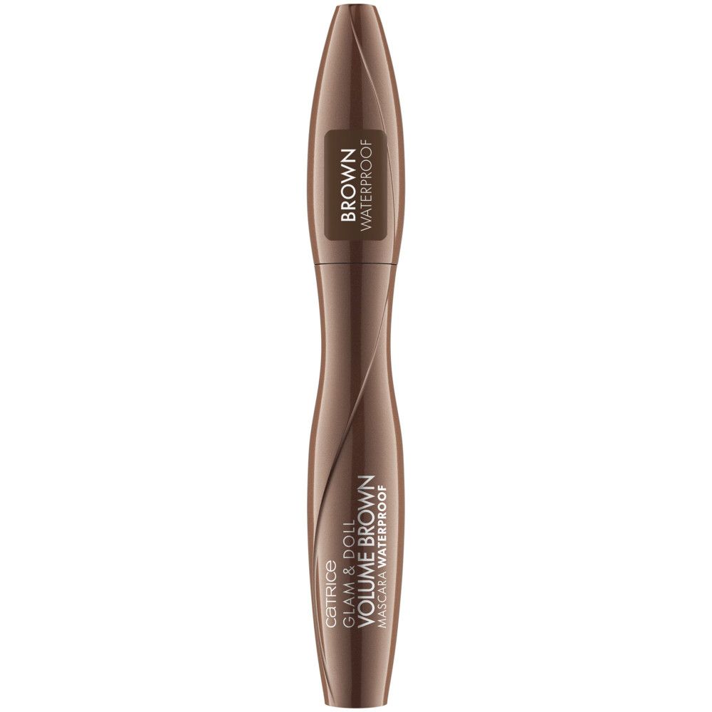 Braune Mascara-Tube mit Schriftzug "BROWN WATERPROOF". Produktname: Catrice Glam & Doll Volume Brown Waterproof Mascara.