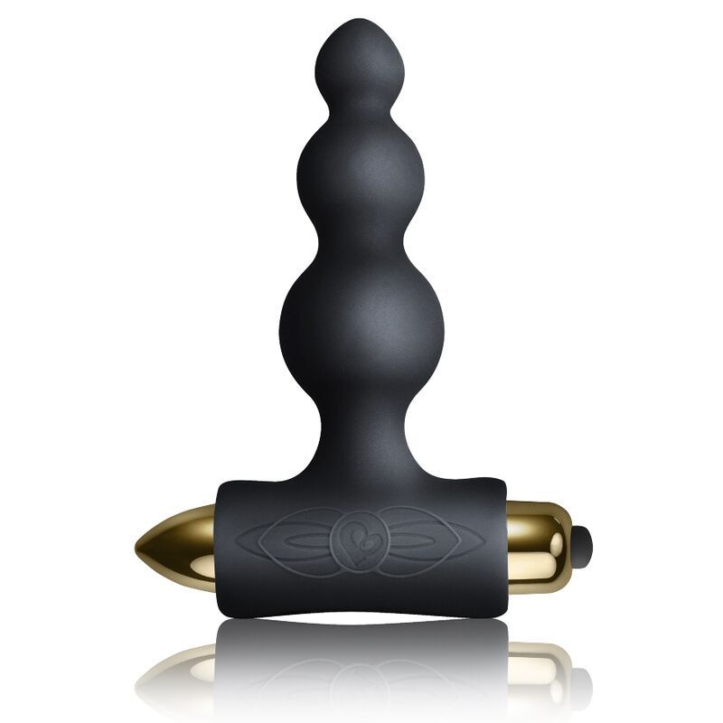 Schwarzes Produkt mit drei Kugeln und goldenem Ende. T-förmig. Logo auf dem schwarzen Teil.