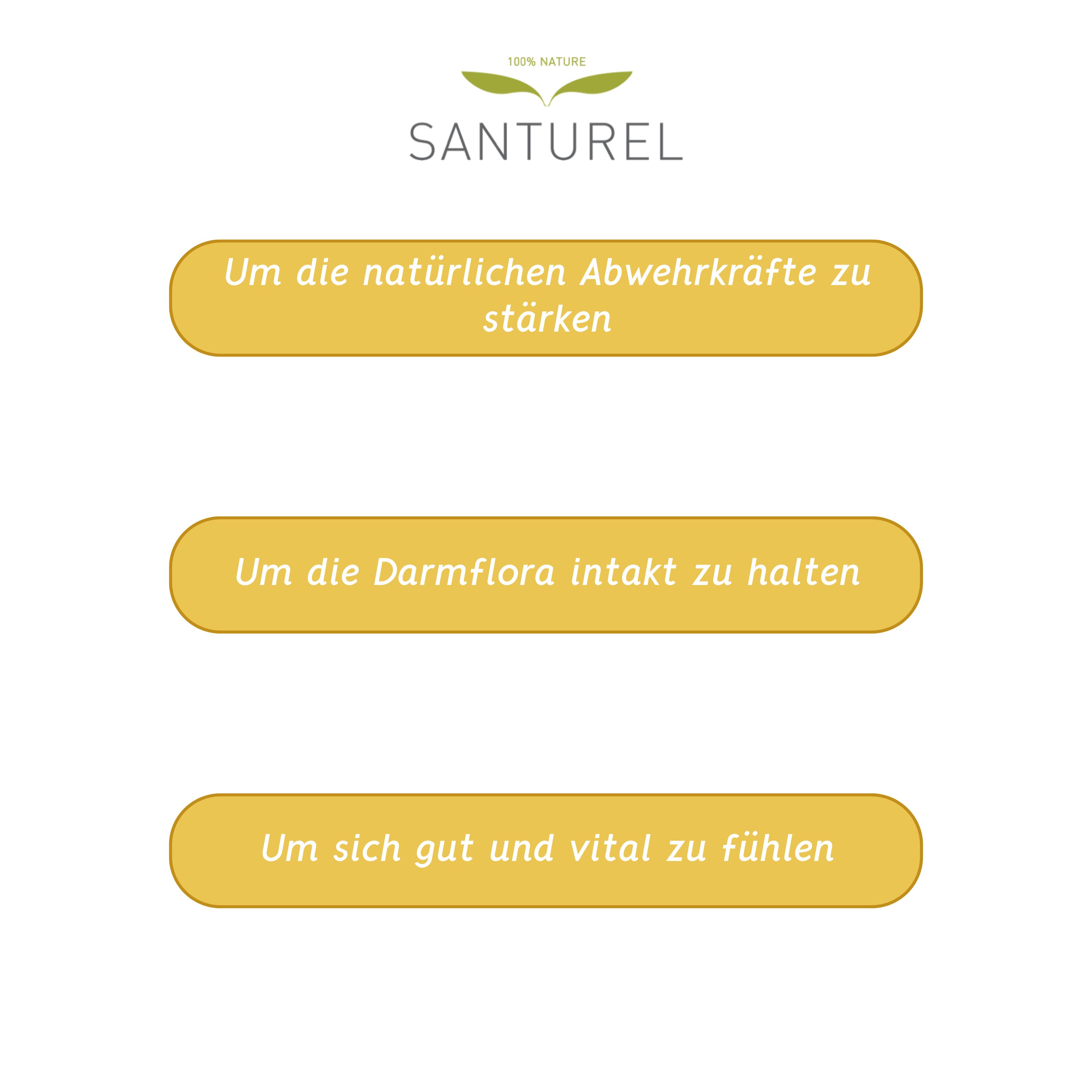 Gelbe Textfelder mit Text. Für die Stärkung der natürlichen Abwehrkräfte, zur Erhaltung der Darmflora, für Vitalität.