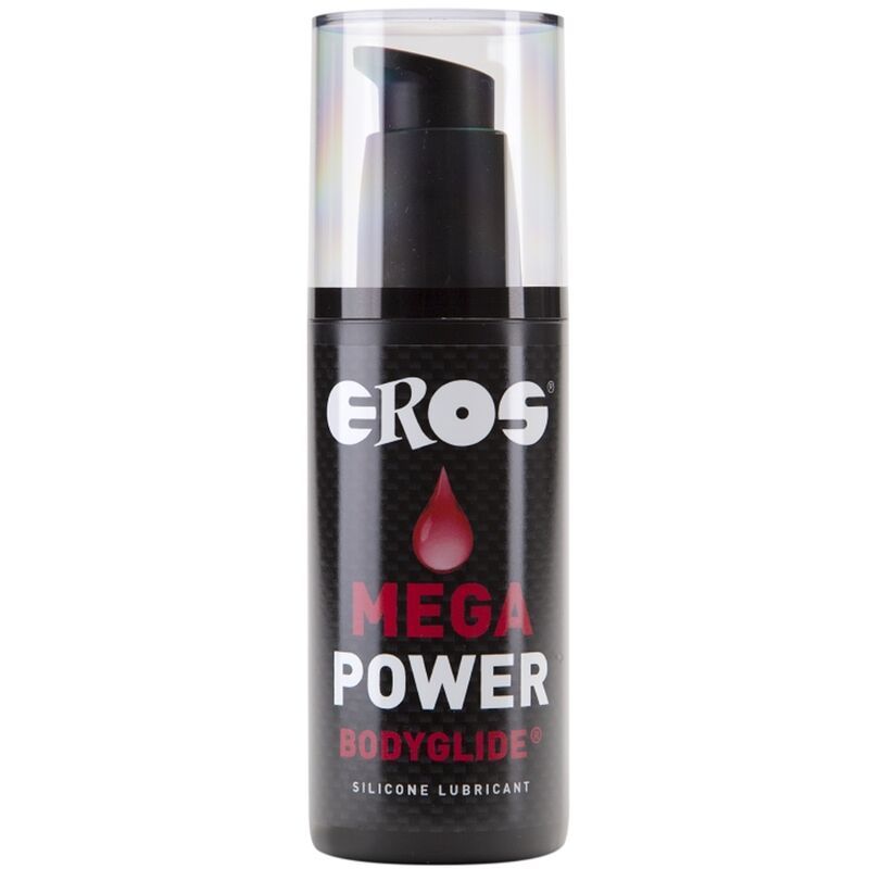 Schwarze Flasche mit Dosierpumpe. Aufschrift "EROS", "MEGA POWER BODYGLIDE" und "SILICONE LUBRICANT". Roter Tropfen-Grafik.