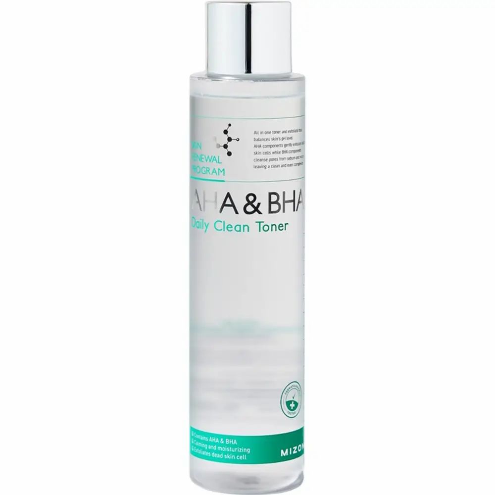 Klarer Toner in einer Flasche mit silbernem Deckel. Beschriftung: AHA & BHA Daily Clean Toner. Grün-weiße Etiketten.