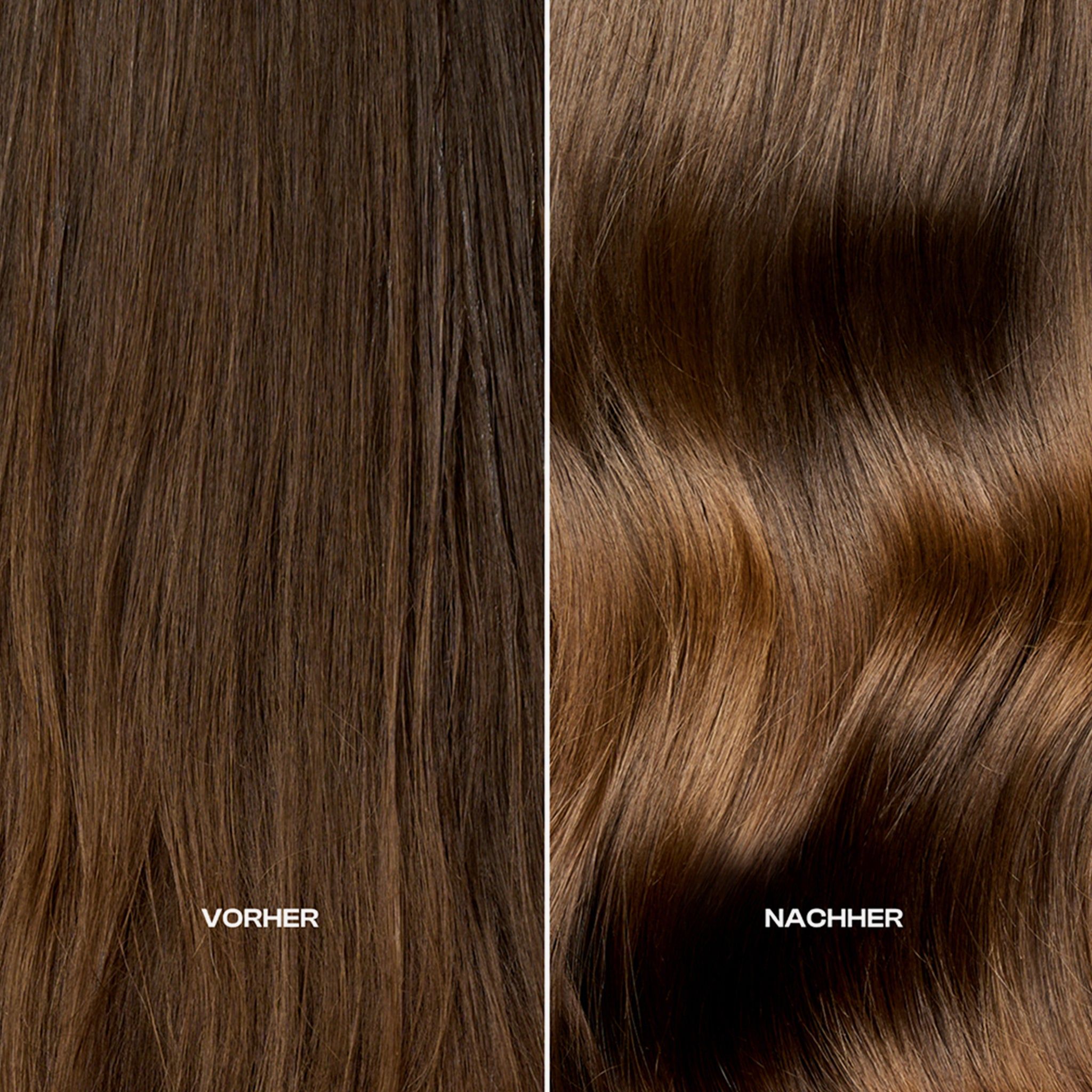 Haarsträhnen, links: Vorher, rechts: Nachher. Unterschiedliche Haarfarben und -strukturen.
