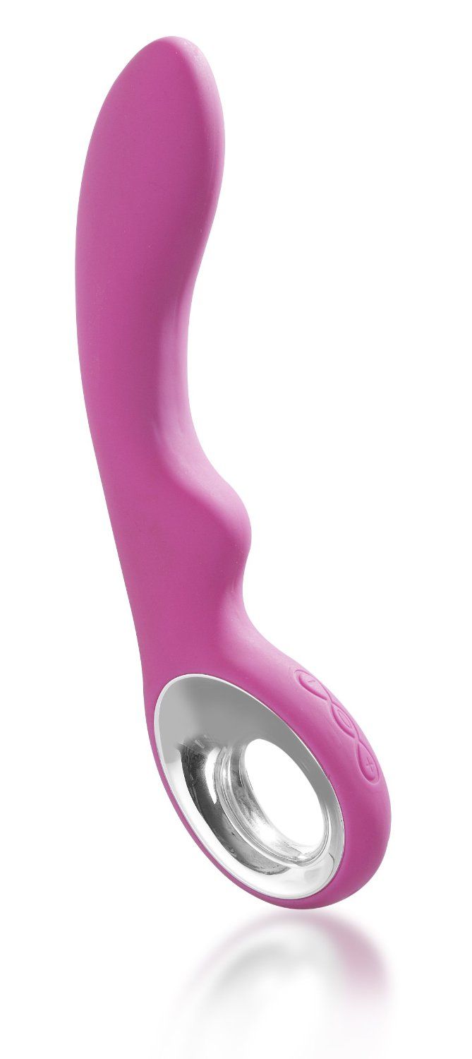 Pinkfarbener Vibrator mit gebogener Form und silberfarbenem Ring. Oberteil mit drei erhabenen Symbolen.
