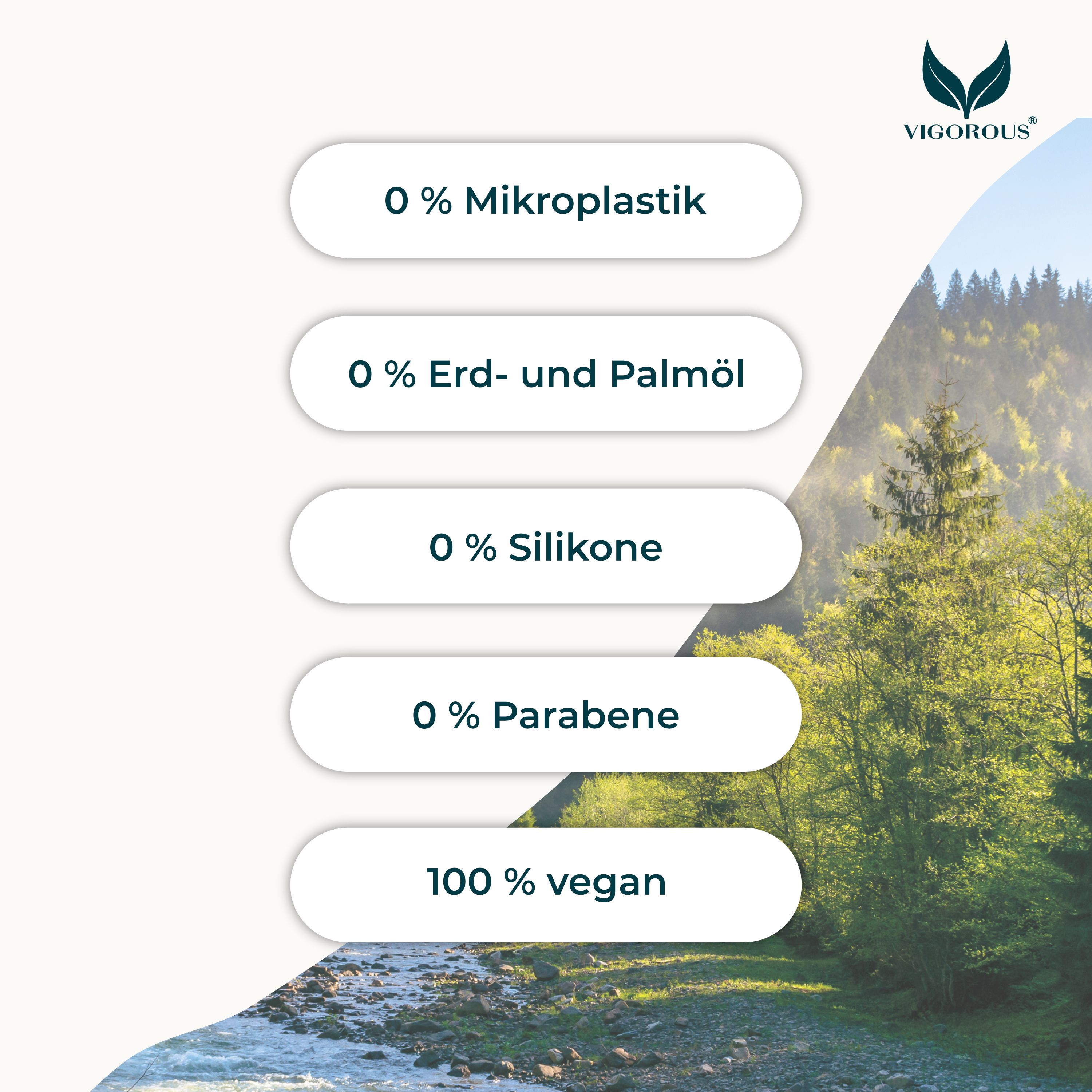Text: 0% Mikroplastik, 0% Erd- und Palmöl, 0% Silikone, 0% Parabene, 100% vegan.