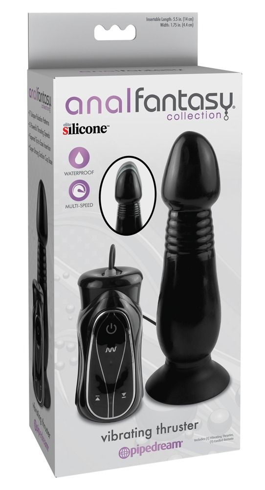 Verpackung mit Vibrator und Steuergerät. Produktname und Marke sichtbar. Schwarze Farbe.